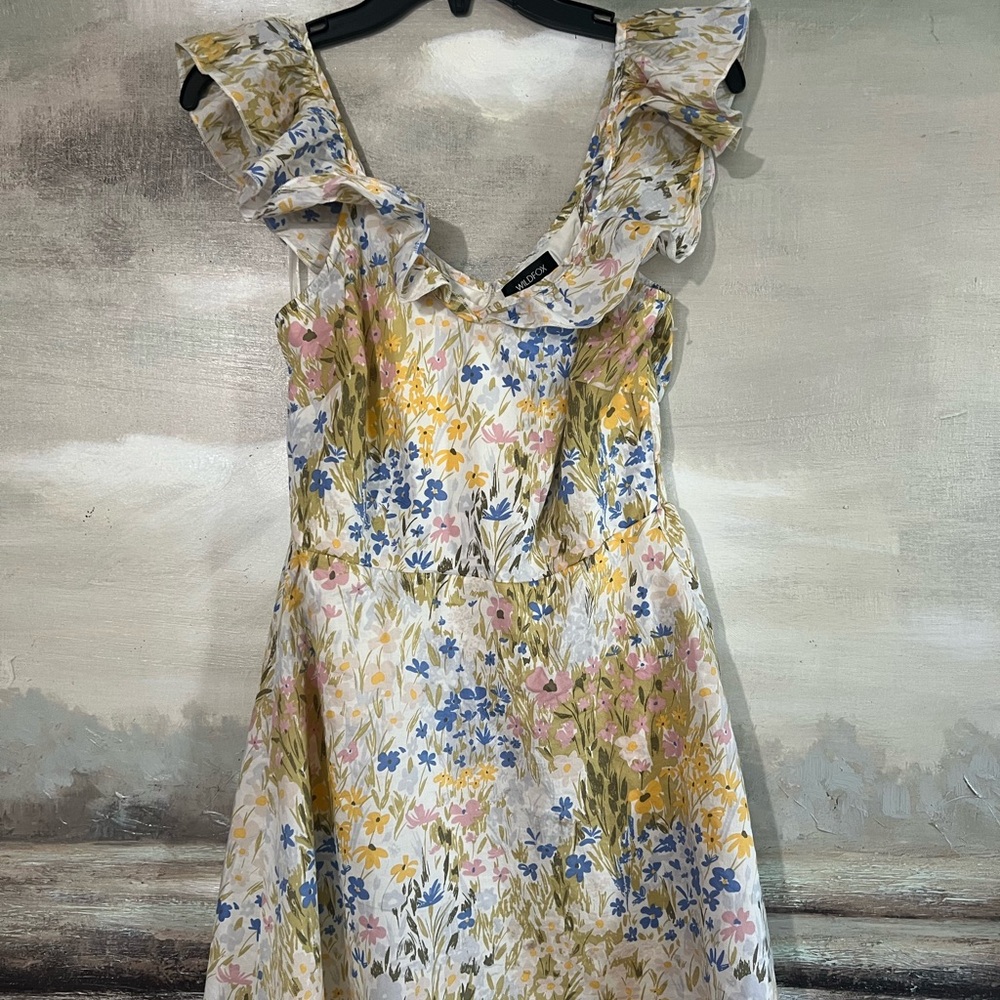 Wildfox Floral Ruffle Strap Sundress in White, Yellow & Blue